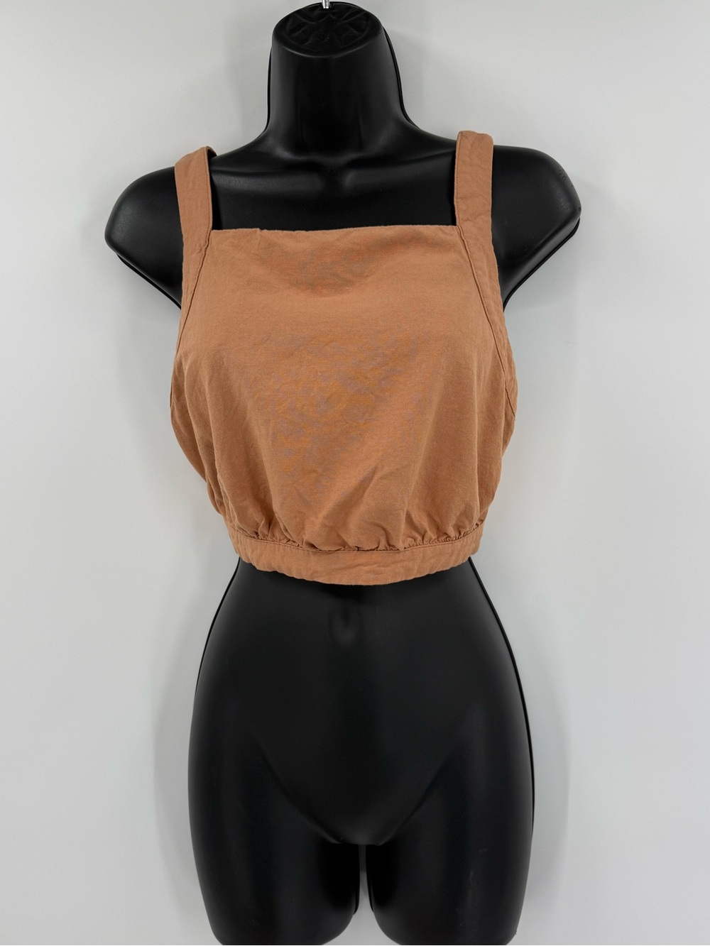 Mable Linen Blend Square Neck Tie Back Cropped Tank | Camel | Medium